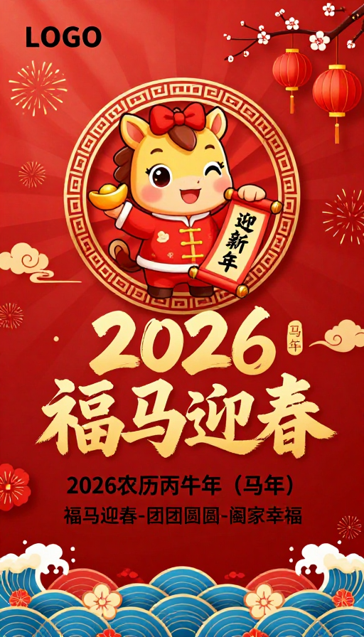 2026福马迎春:喜庆中国风新年插画海报