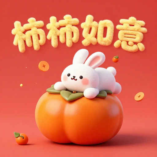 C4D新年祝福：Q版萌兔抱柿，毛茸茸柿子寓意吉祥如意