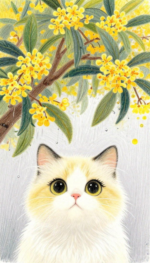 彩绘蜡笔:雨中日落金桂下萌猫探头的可爱瞬间