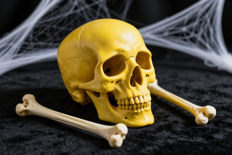 万圣惊魂：黑绒布上的黄色骷髅与骨骸光影