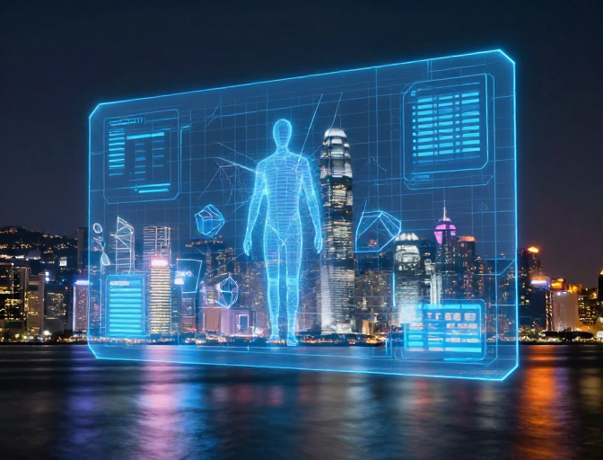 未来都市夜景：全息数据与霓虹光影交融