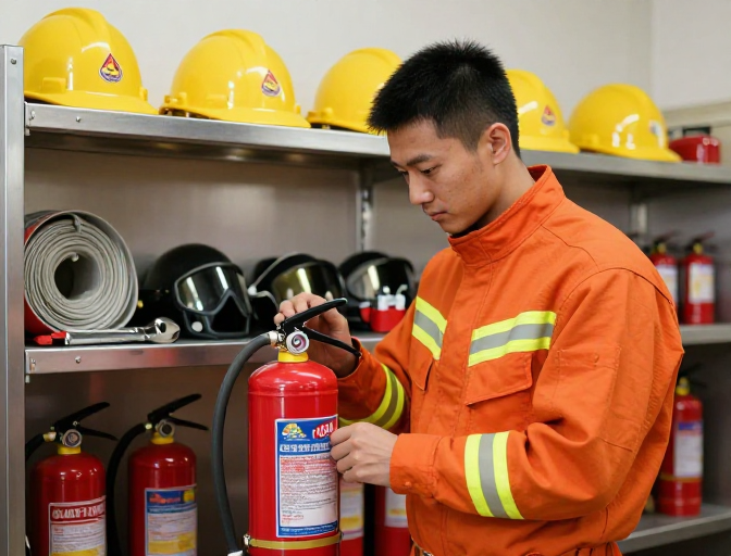 亚洲消防员专注检查灭火器压力细节实拍