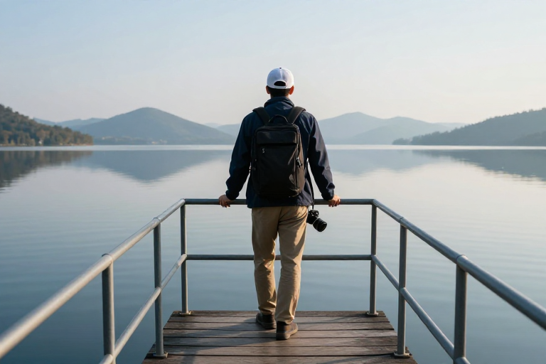 静谧湖畔的旅行者:冷调摄影中的孤独与宁静