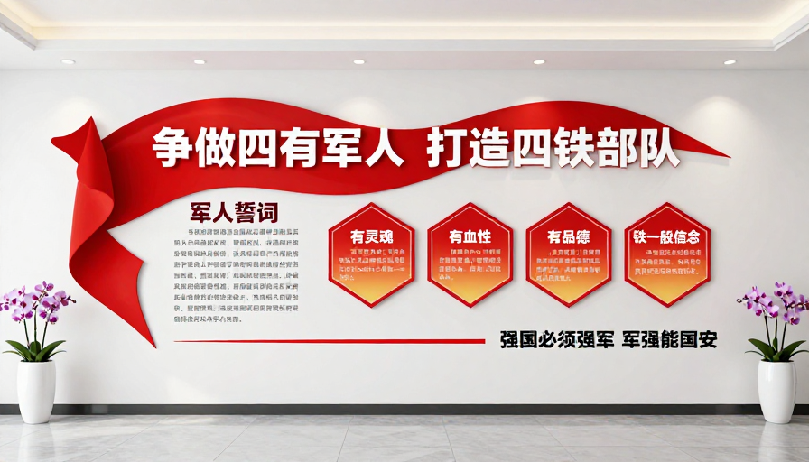 现代军队文化墙:红色飘带彰显奋进风貌