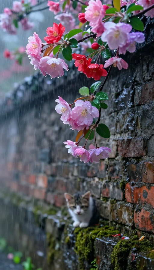 雨后海棠花与小猫的梦幻画卷