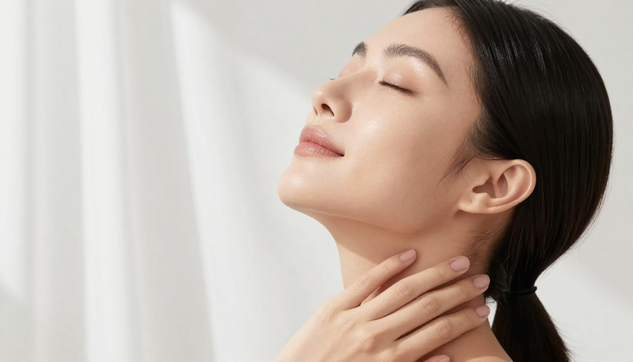 亚洲女性闭眼仰头轻抚颈部柔光人像摄影