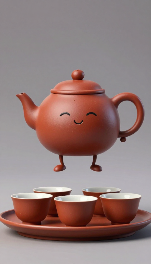 紫砂壶眨眼茶杯跳跃的3D卡通茶趣动画