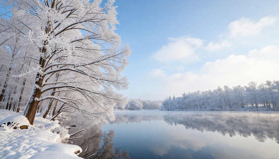 冬日静谧雪景：湖畔树影映霜镜