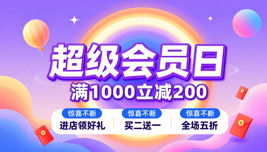 梦幻渐变流体海报：超级会员日狂欢促销