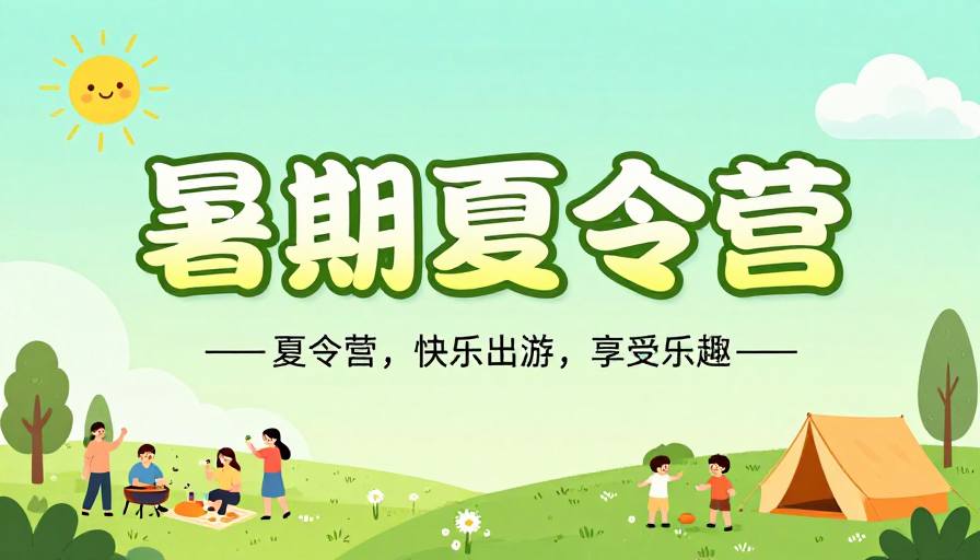 清新夏日夏令营插画海报：快乐出游乐趣无穷
