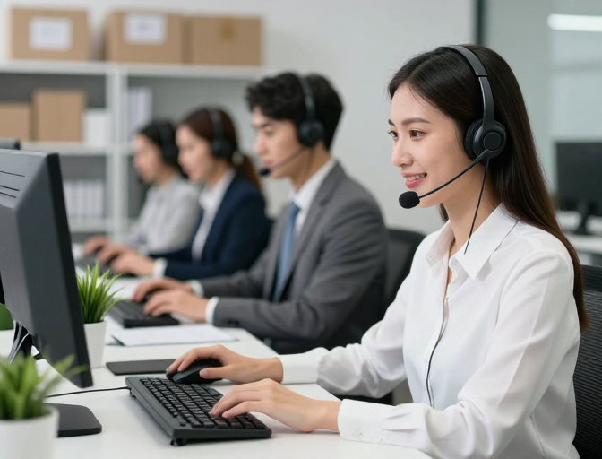 亚洲女性客服微笑工作，专业高效团队场景