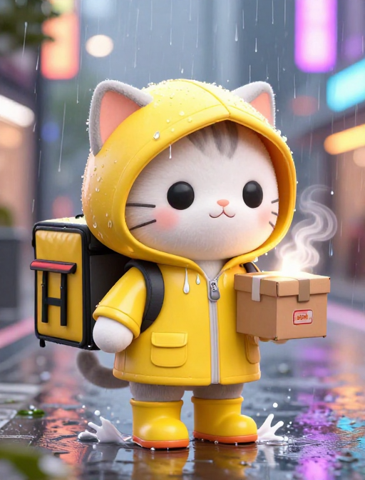 Q版外卖猫雨中暖心送达:霓虹雨夜的温暖瞬间