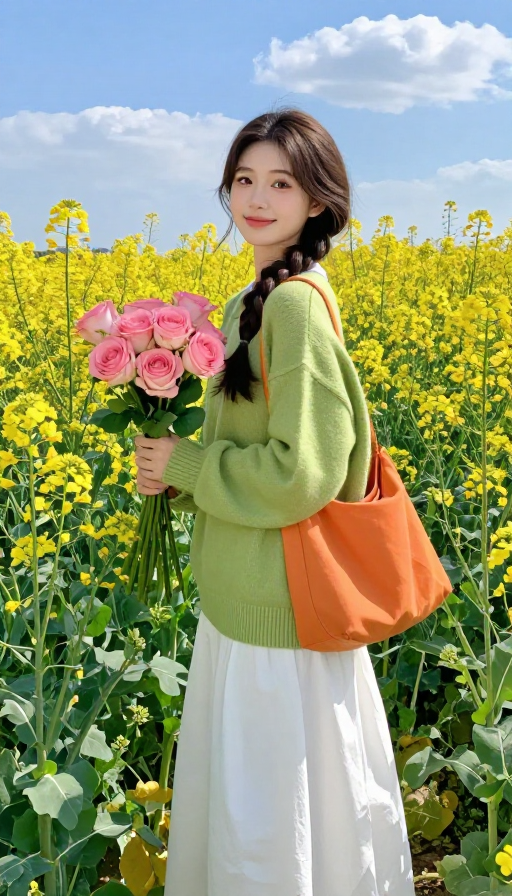 春日花海中的甜美少女：清新自然与时尚交织的瞬间