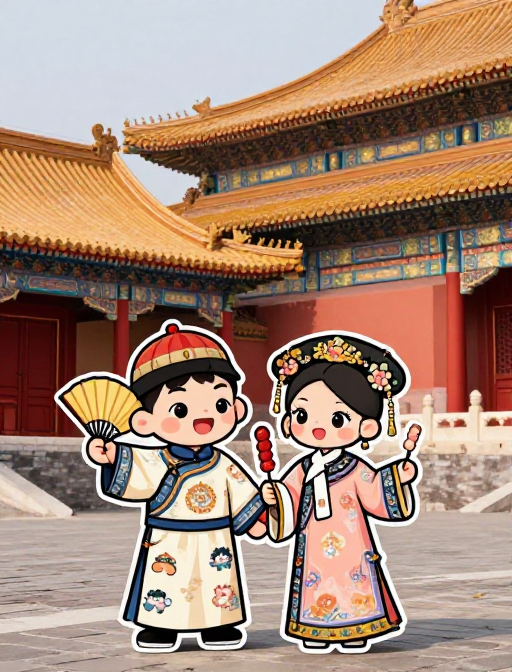 古风红墙下的卡通双人：故宫奇幻邂逅