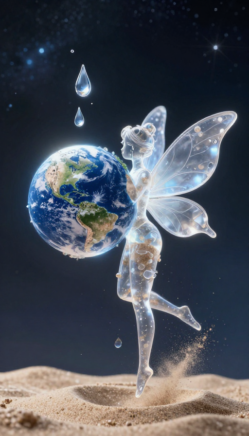 沙晶仙女凝视流泪的地球，宇宙泪光飘散