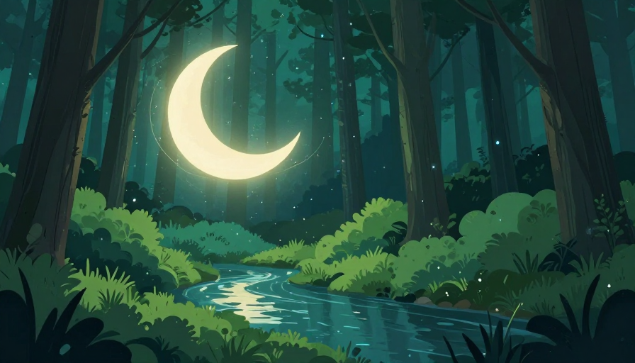 梦幻青绿森林夜景插画,月光魔法点缀