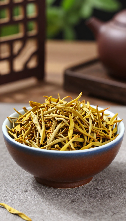 中式茶室实景:金黄蜜香黄芽瓷碗特写