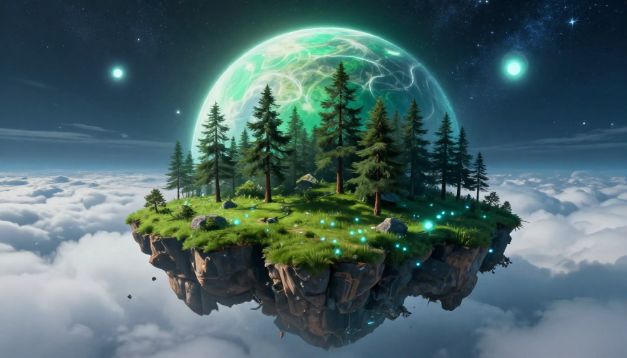 梦幻悬浮岛屿：青绿星球与荧光微粒的奇幻之境