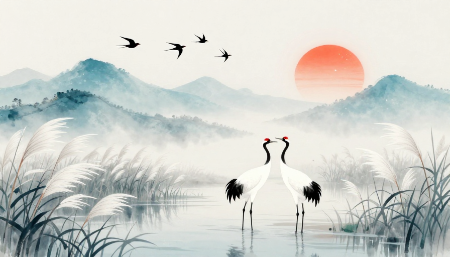 水墨淡雅山峦落日图:丹顶鹤静立芦苇间