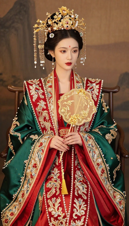 古典美学：红绿配色的黄金婚服艺术摄影