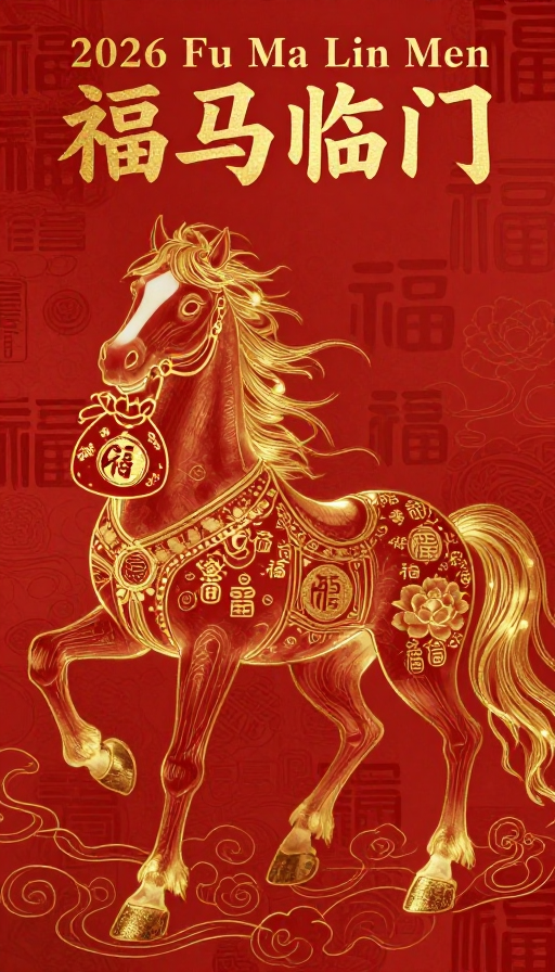 衔福吉马国风插画：祥瑞吉祥的金色艺术