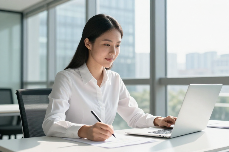 专注高效:现代职场女性办公场景摄影
