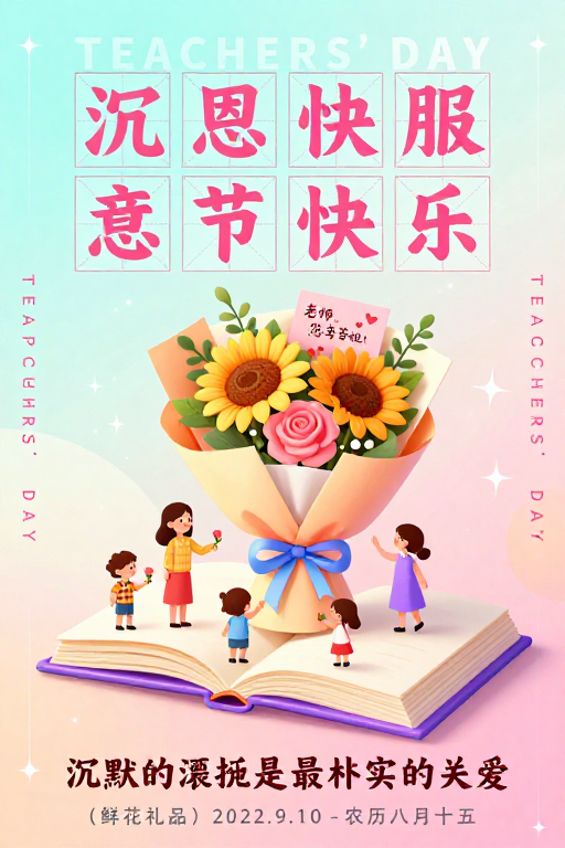教师节手绘插画:温暖互动场景与花束馈赠
