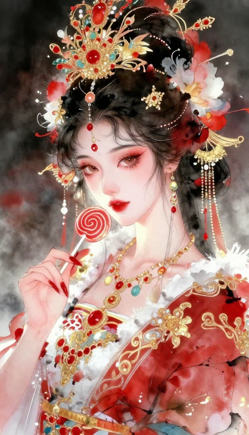 华丽国色天香水墨女神：红白金调棒棒糖特写