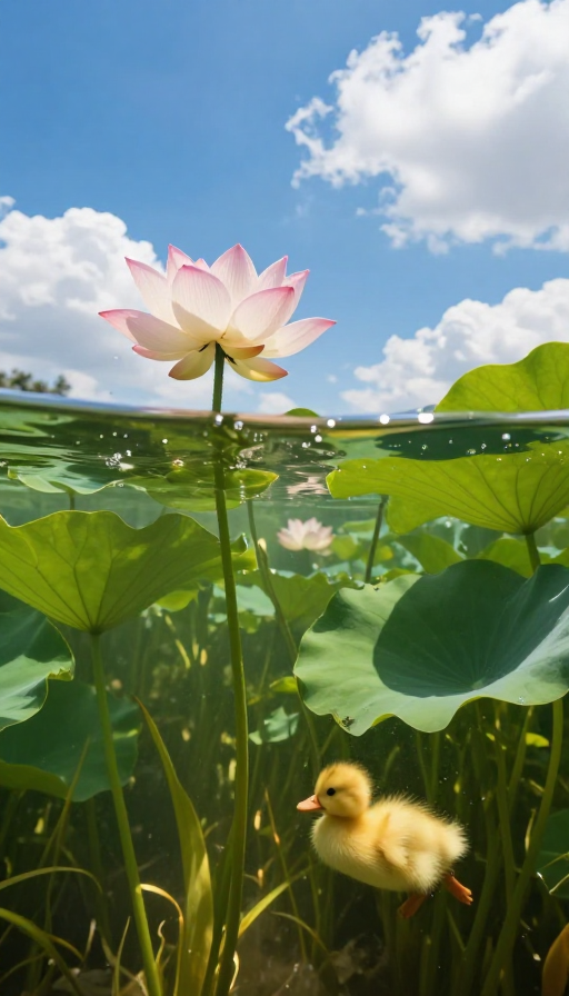 夏日荷塘光影：水下绿植与游鸭的生动瞬间