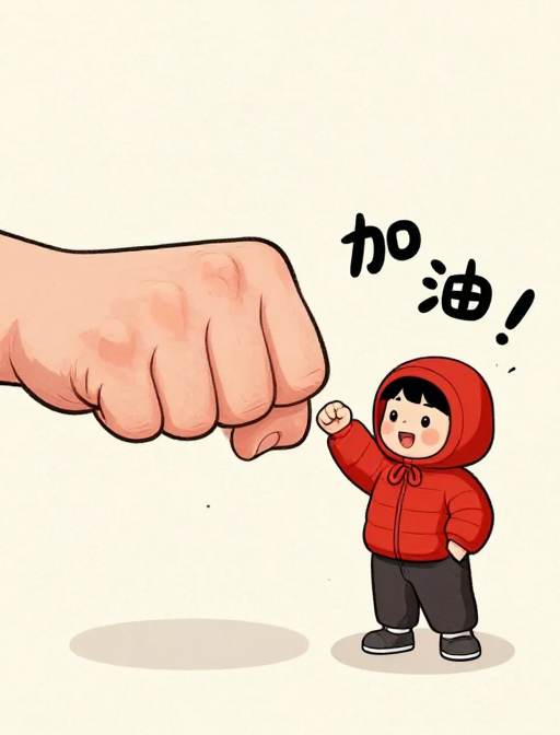 卡通加油插画：红衣孩童触碰巨拳，激励向前冲