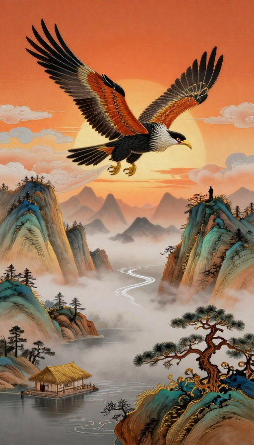 东方秋色巨鹏破晓，水墨光影中的神雕腾跃