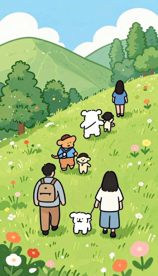 初夏治愈风：二次元简笔画家庭爬山出游