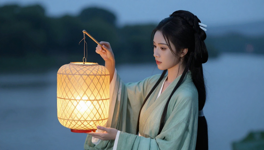 青衫女子持灯映暮色古风广告