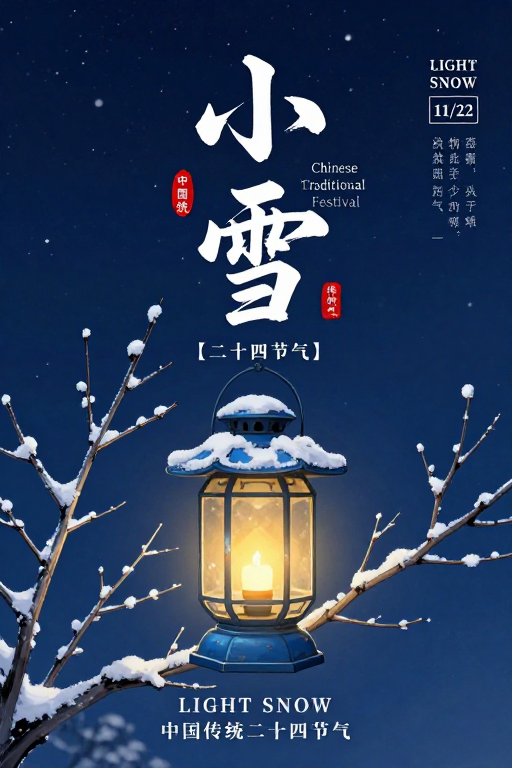 小雪节气水墨与复古提灯艺术海报