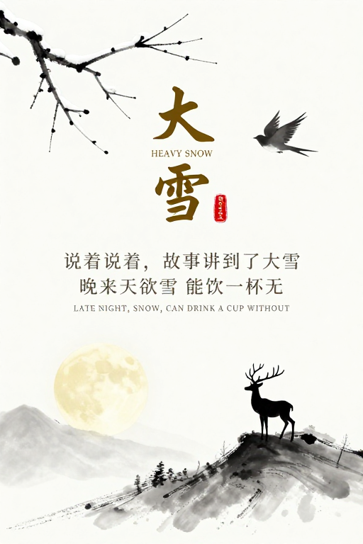 大雪节气水墨意境海报：清冷雪夜与诗意东方美学