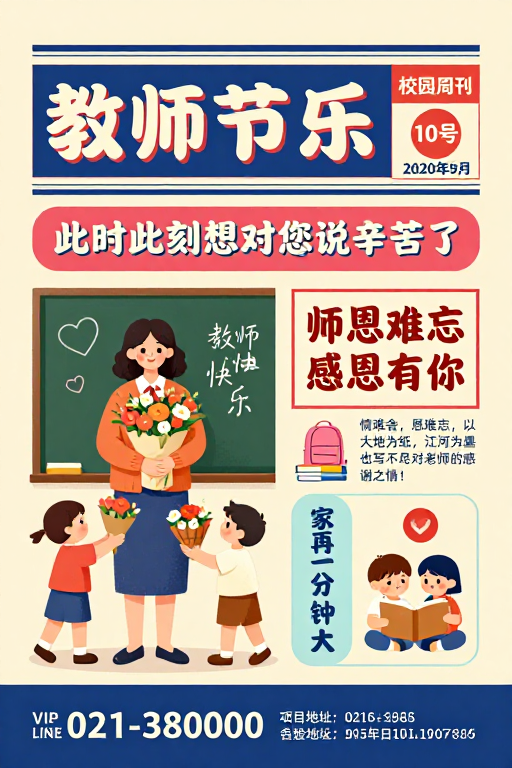 复古校园教师节海报:感恩师恩的温馨插画