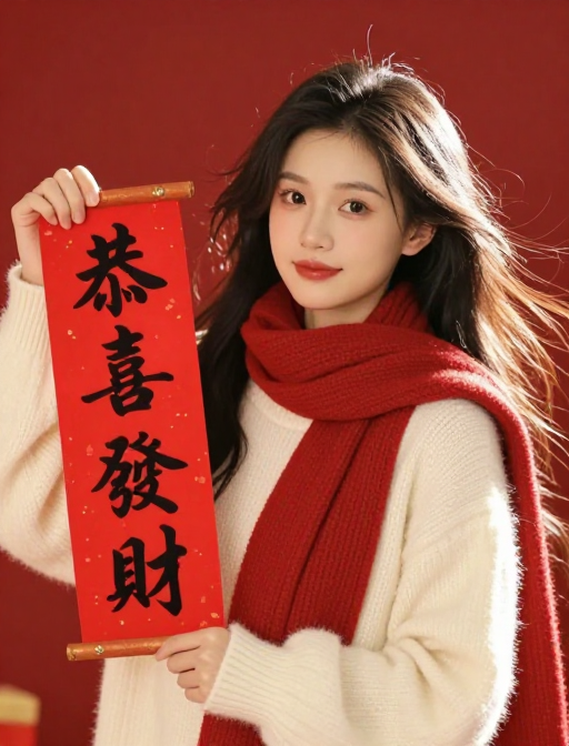 新春佳节：长发美女手持对联迎接幸福