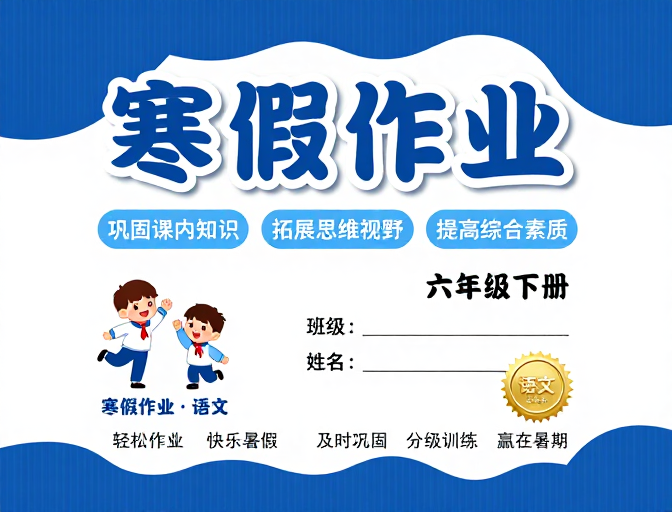 蓝白波浪设计六年级语文寒假作业封面