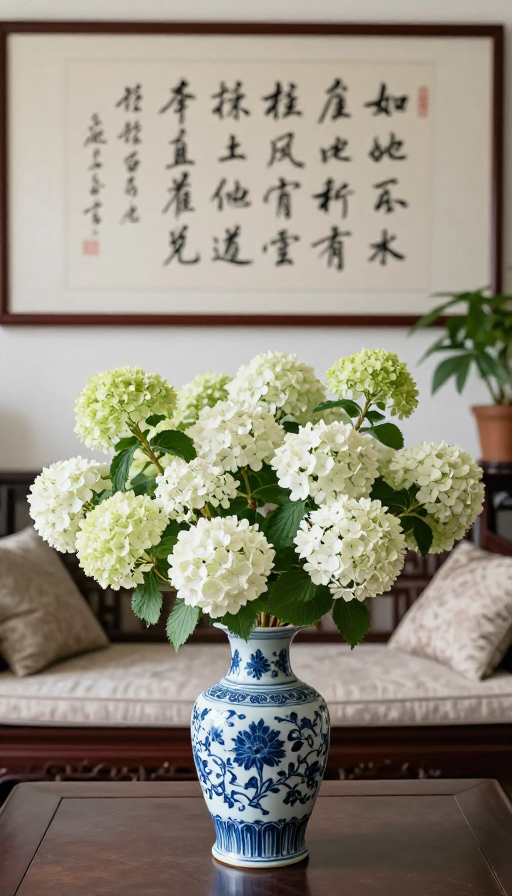 青花瓷与百朵中华绣球绽放于雅致中式客厅