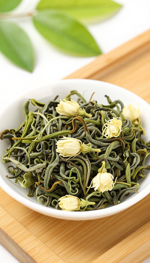 白瓷碗盛满翠绿茶卷与淡黄茉莉花