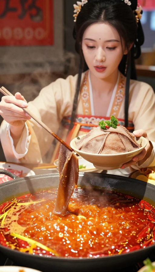 古风女子涮重庆红汤火锅电影质感特写