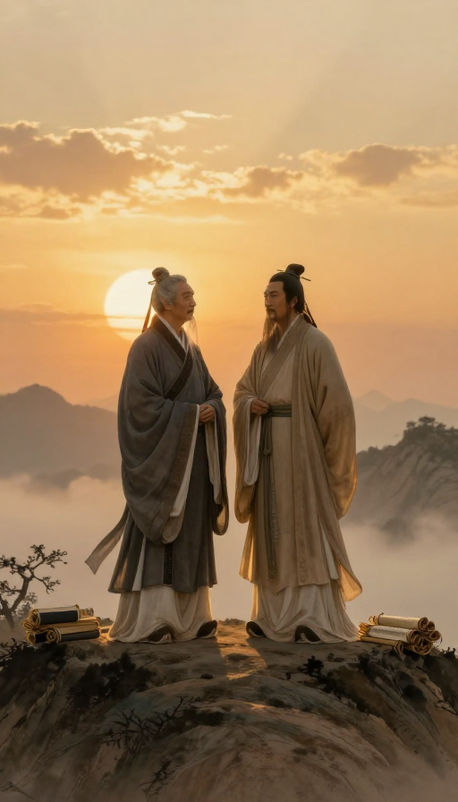 暮年千古文圣：李白与孔子水墨山水意境图