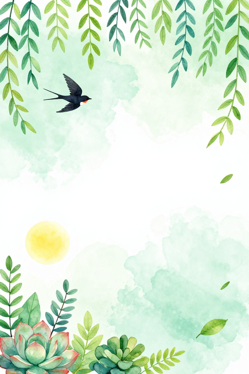 春日水彩燕子剪影自然插画背景