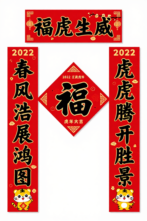 传统书法红金春节福字对联设计