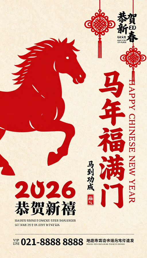 马到功成：传统剪影奔马新年海报