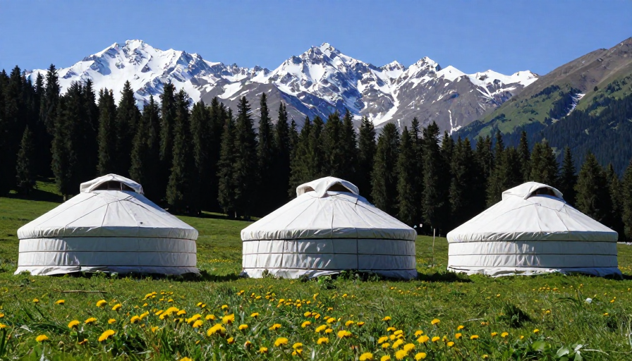 三座蒙古包草原雪峰实景风光