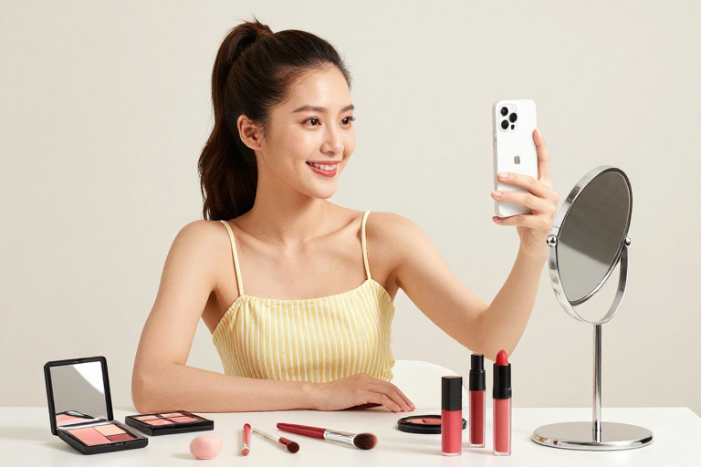 亚洲女性自拍展示美妆产品，高质感广告图