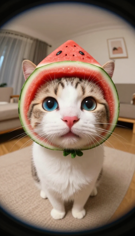 超写实电影感：戴西瓜头套的萌猫微笑瞬间