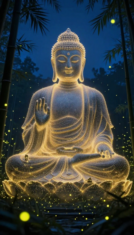 夜空中萤火虫幻化庄严佛影|超现实禅意艺术