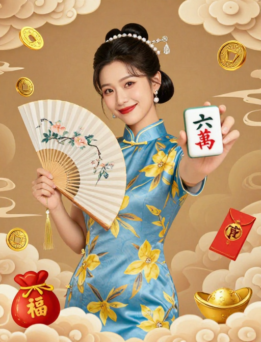 蓝黄旗袍女子持扇显六万麻将 祥云福袋贺新春